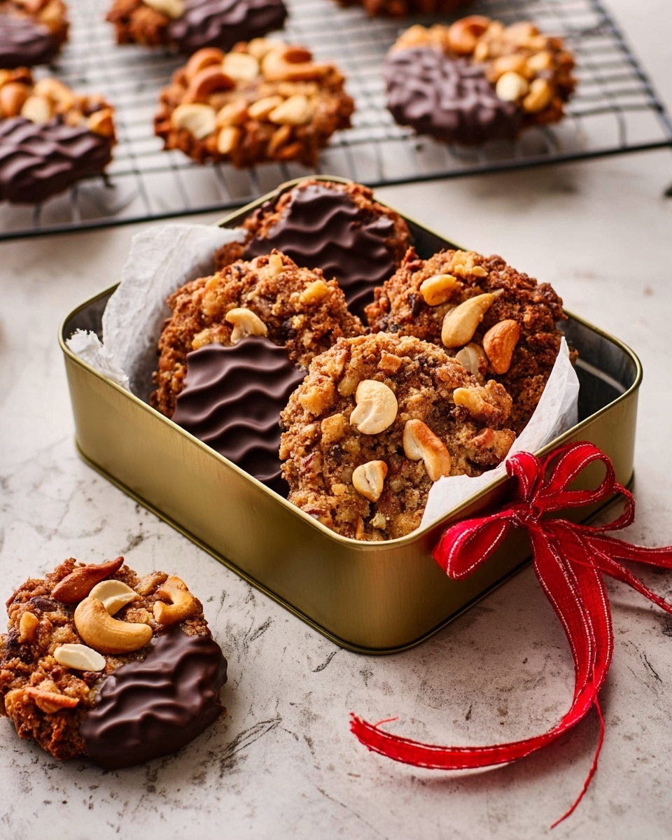 The image shows round cookies with a rough texture full of nuts and small pieces in golden brown color; each cookie has a smooth dark chocolate layer with wavy lines on one side. Some cookies are stacked in a vintage tin box lined with white parchment paper, and a few cookies are placed outside the box on a white marbled surface. In the background, the cookies rest on a black wire cooling rack. A red ribbon is tied around the base of the tin box. photo taken with an iphone --ar 4:5 --v 7