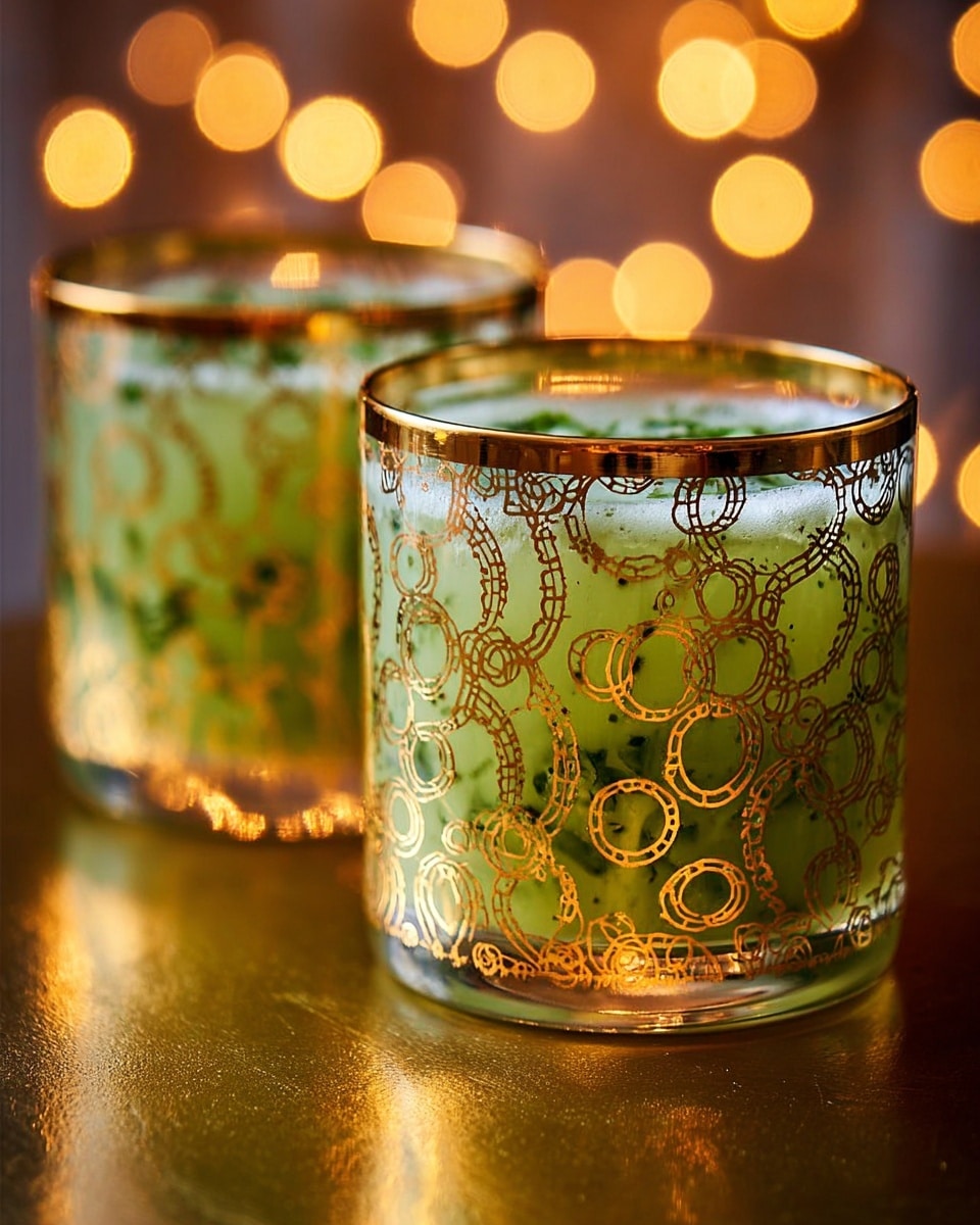 Two short glasses with golden circular patterns are filled with a green drink that has visible tiny leafy bits and a frothy top layer. The glasses sit closely on a reflective surface with warm golden light reflections around them. The background is blurred with soft, round warm white bokeh lights creating a cozy and festive mood. photo taken with an iphone --ar 4:5 --v 7