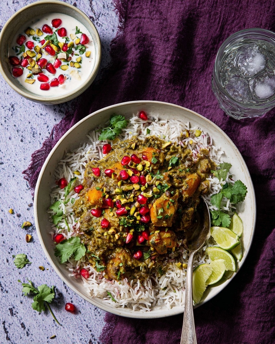 The dish is served on a round white plate with a rustic, slightly textured look. It has one main layer of fluffy white rice spread evenly across the plate, topped with chunks of an orange-yellow cooked vegetable or meat covered in a thick green herb sauce. Scattered across the top are bright red pomegranate seeds and small pieces of chopped light green pistachios. Fresh green cilantro leaves decorate the dish on two sides, and two lime wedges rest on the rice near the edge. A silver spoon lies on the right side, partially in the food. The plate sits on a dark purple cloth with a small bowl of white yogurt sauce garnished with red pomegranate seeds and green herbs nearby, and a glass of ice water is placed on the upper left. The whole scene is on a white marbled surface. Photo taken with an iphone --ar 4:5 --v 7