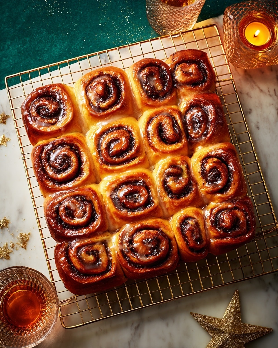 A group of twelve golden-brown cinnamon rolls arranged neatly in a 3x4 grid on a gold cooling rack, with a rich, sticky glaze shining over the dark cinnamon swirls inside each roll. One cinnamon roll is slightly pulled away from the group on the left, showing its soft, fluffy texture with visible layers of baked dough and cinnamon filling spiraled inwards. The scene is set on a white marbled textured surface with a sparkling amber drink in a clear, patterned glass behind the rolls, a small lit candle in a glass holder on the right, and a gold star decoration near the bottom right corner. photo taken with an iphone --ar 4:5 --v 7