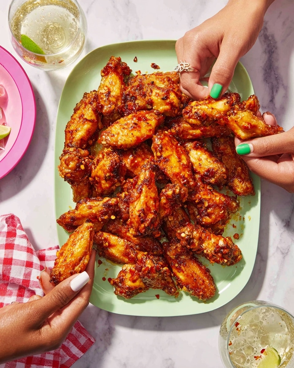 A light green square plate is full of golden brown chicken wings covered in a sticky orange-red sauce with black pepper flakes, giving them a shiny and textured look. The wings are piled up, showing some crispiness and juicy meat inside where a few wings are partly eaten. Three different woman's hands are reaching in from the sides, holding or about to take a wing, their fingers and nails visible with one wearing a green stone ring. The plate sits on a soft purple surface, with a white marbled texture subtly replacing the original background, and two clear glasses with ice and lime wedges are nearby. photo taken with an iphone --ar 4:5 --v 7