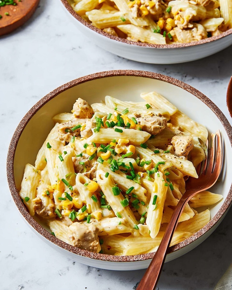 The image shows two bowls of creamy penne pasta with chunks of browned sausage and kernels of yellow corn mixed throughout. The penne pasta is pale yellow with a smooth texture, coated in a light sauce. Small green chive pieces are sprinkled on top, adding a fresh touch of color. The bowls are grayish brown with a rough texture on the outside and have white interiors. A bronze fork is placed inside the front bowl. The background is a white marbled surface with soft lighting that highlights the dish’s details. photo taken with an iphone --ar 4:5 --v 7