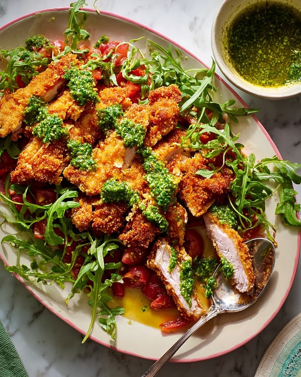 A turquoise oval plate with a pink rim holds a layered dish starting with a base of cooked red tomato slices that look soft and juicy. On top, there are seven pieces of crispy, golden-brown fried chicken strips evenly spread across the plate. Each chicken piece has a sprinkle of green herb sauce on it, adding a contrast of texture and color. Fresh, dark green arugula leaves are scattered mostly on the top right side and some around the plate edges, adding a fresh touch. A metal serving spoon on the right side scoops up one piece of chicken, showing its light pink interior. Nearby, a white marbled mortar with green herb sauce inside adds to the setting. The plate is set against a yellowish-green fabric surface, replaced in the description by a white marbled texture. photo taken with an iphone --ar 4:5 --v 7