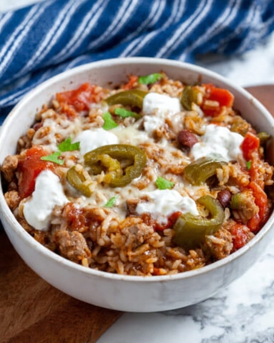 A white bowl filled with a layered dish consisting of cooked rice at the bottom, topped with chunks of cooked meat, soft cooked tomatoes, and sliced green peppers, all mixed together. The dish is finished with dollops of melted white cheese scattered on top, adding a creamy texture. The bowl sits on a wooden surface with a folded white cloth with blue stripes next to it. The photo taken with an iphone --ar 4:5 --v 7