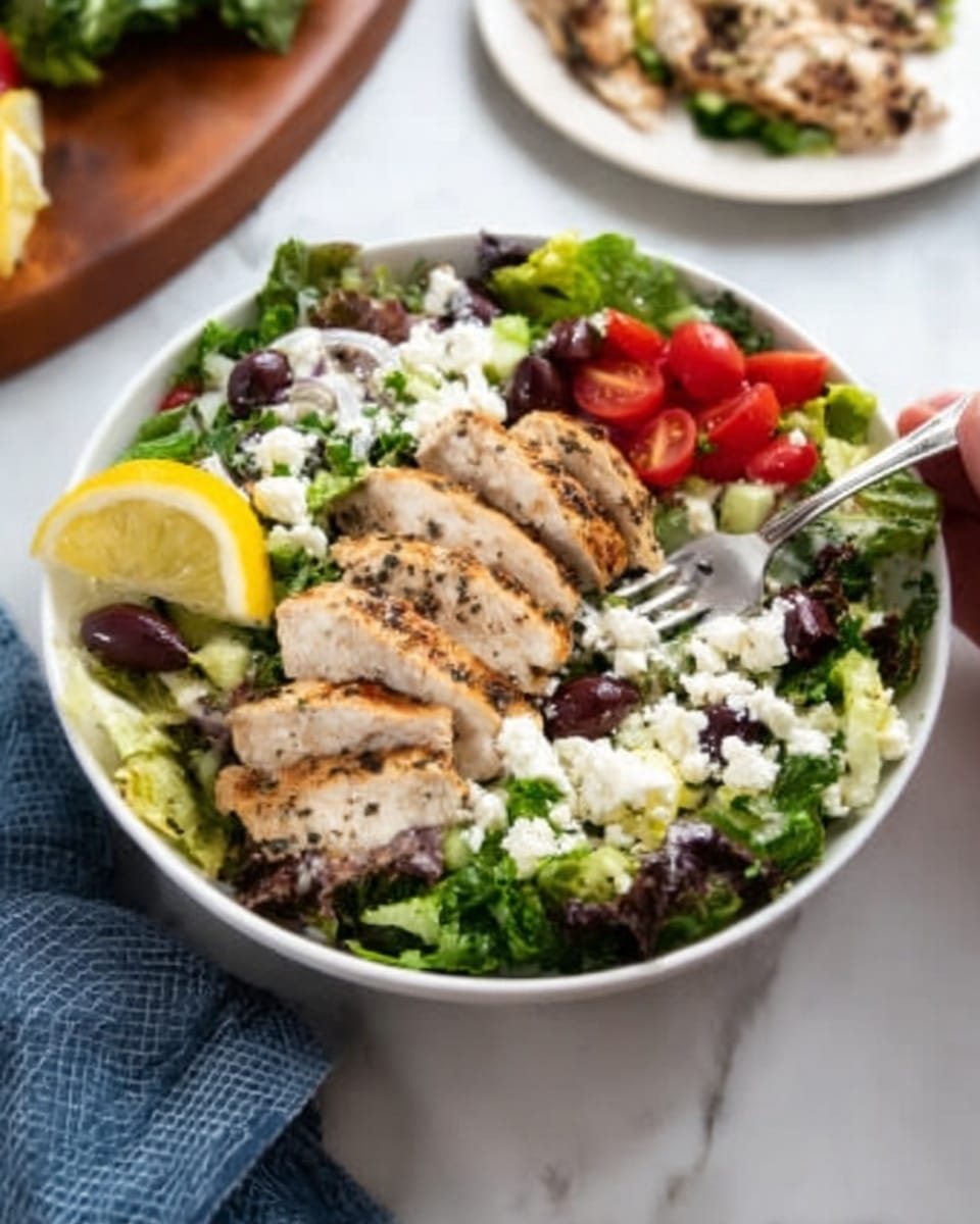 The image shows a round white bowl filled with a fresh salad on a white marbled surface. The salad has two main layers: the bottom layer is green lettuce leaves mixed with slices of cherry tomatoes and black olives; the top layer has several slices of grilled chicken breast with visible grill marks, sprinkled with white crumbled cheese and some herbs. A wedge of lemon is placed on the right side inside the bowl. In the background, there is a blurred white plate with more grilled chicken and lemon wedges. A woman's hand is holding a white cloth with a blue stripe on the right side. Photo taken with an iphone --ar 4:5 --v 7