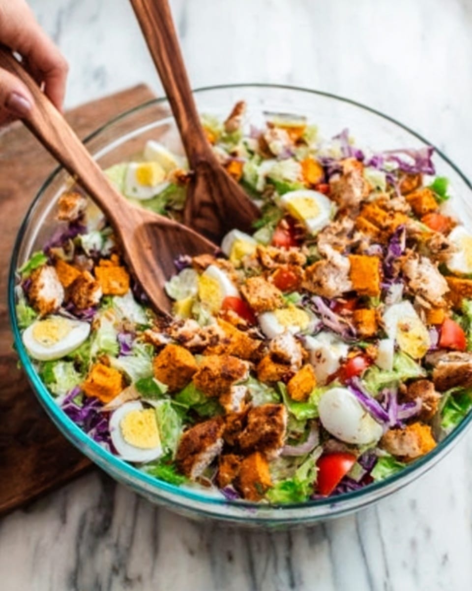 A clear glass bowl filled with a colorful salad showing multiple layers: at the bottom, fresh green lettuce leaves; the next layer has chunks of grilled chicken with golden-brown edges; scattered on top are small orange sweet potato pieces, wedges of white boiled eggs, and bits of purple cabbage; there are also small red tomato pieces adding brightness. Two wooden salad spoons rest inside the bowl, and a woman's hand is about to serve the salad. The bowl is placed on a white marbled surface. photo taken with an iphone --ar 4:5 --v 7