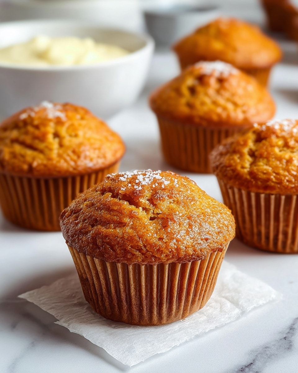 A close-up of a golden brown muffin with a slightly rough top sprinkled with powdered sugar on a white napkin, placed on a white marbled surface; behind it, five more muffins with similar texture and color are slightly out of focus, and a small white bowl filled with a creamy white substance is visible in the background; the overall scene is bright with soft shadows and a clean look. photo taken with an iphone --ar 4:5 --v 7