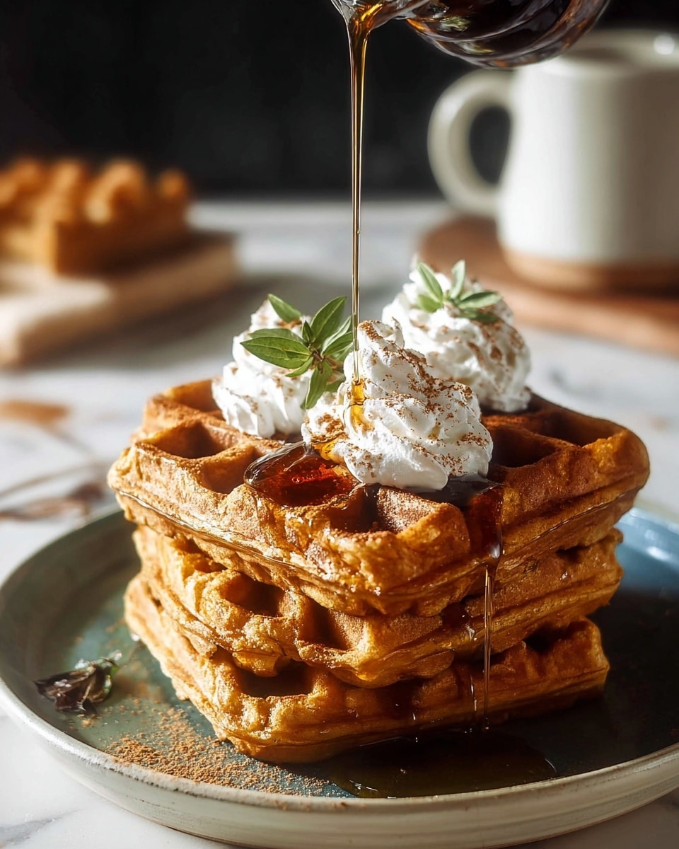 The image shows three thick, golden brown waffles stacked on a white plate with a slightly rough texture. The waffles have a crispy surface with deep square pockets. On top of the stack, there are three dollops of light, fluffy whipped cream dusted with cocoa powder and garnished with a small green leaf. A stream of golden syrup is being poured over the waffles, dripping down the sides and pooling slightly on the plate. The setting has a warm, cozy feel with a blurred background featuring a white mug and some cinnamon sticks on a dark wooden table with a white marbled texture surface. photo taken with an iphone --ar 4:5 --v 7