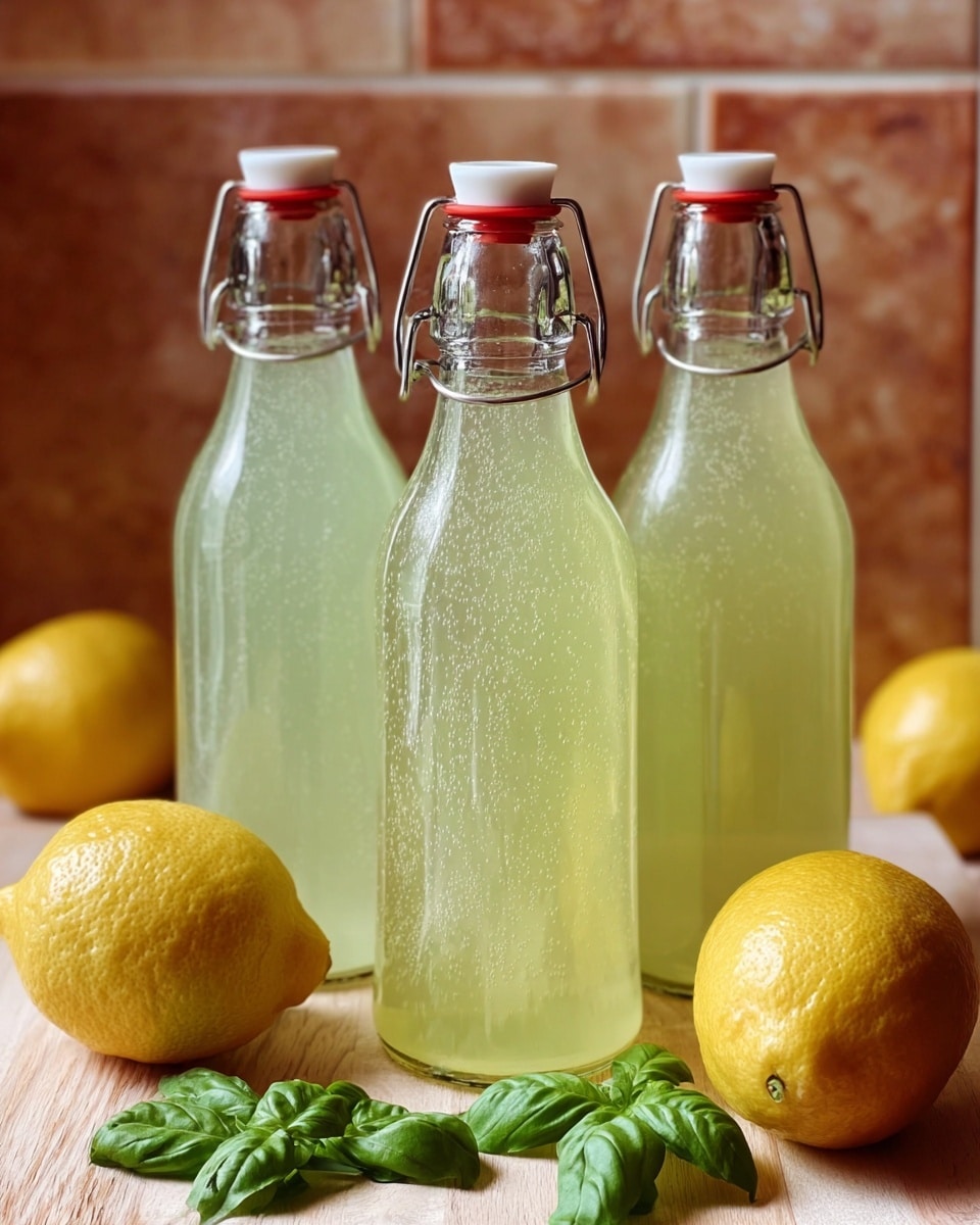 Three clear glass bottles filled with light yellow sparkling liquid, each bottle closed with a white cap and a red rim. The bubbles inside the liquid are visible, giving a fresh look. In front of the bottles, on a white marbled surface, two whole bright yellow lemons are placed on the left and right sides. Near the lemons, fresh green basil leaves add a pop of color to the scene. The background shows a warm brown tiled wall, softly blurred to focus on the bottles and ingredients. photo taken with an iphone --ar 4:5 --v 7