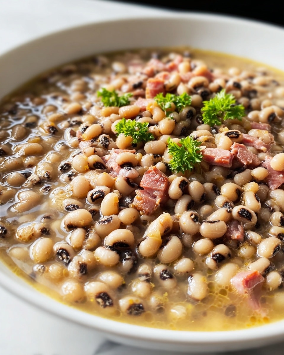 A close-up view of a white bowl filled with cooked black-eyed peas in a light brown broth. The dish has soft, beige peas with dark eyes, mixed with small pieces of pink ham and some green parsley leaves scattered on top. The texture looks warm and slightly soupy with visible tiny bits of seasoning. The background shows a white marbled texture. Photo taken with an iphone --ar 4:5 --v 7