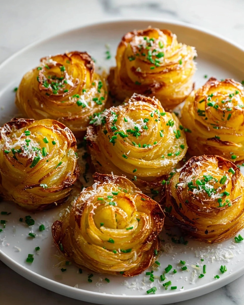 The image shows eight golden-brown potato nests arranged on a white plate. Each nest is made of thin potato slices layered in a spiral pattern, creating around five to six visible layers with crisp edges showing a toasted orange-brown color, while the inside stays soft and pale yellow. The tops of each potato nest are sprinkled with small bright green chive pieces and a light dusting of grated cheese or seasoning. The plate rests on a white marbled surface, and the focus is on the front nests with a soft blur on those in the back. Photo taken with an iphone --ar 4:5 --v 7