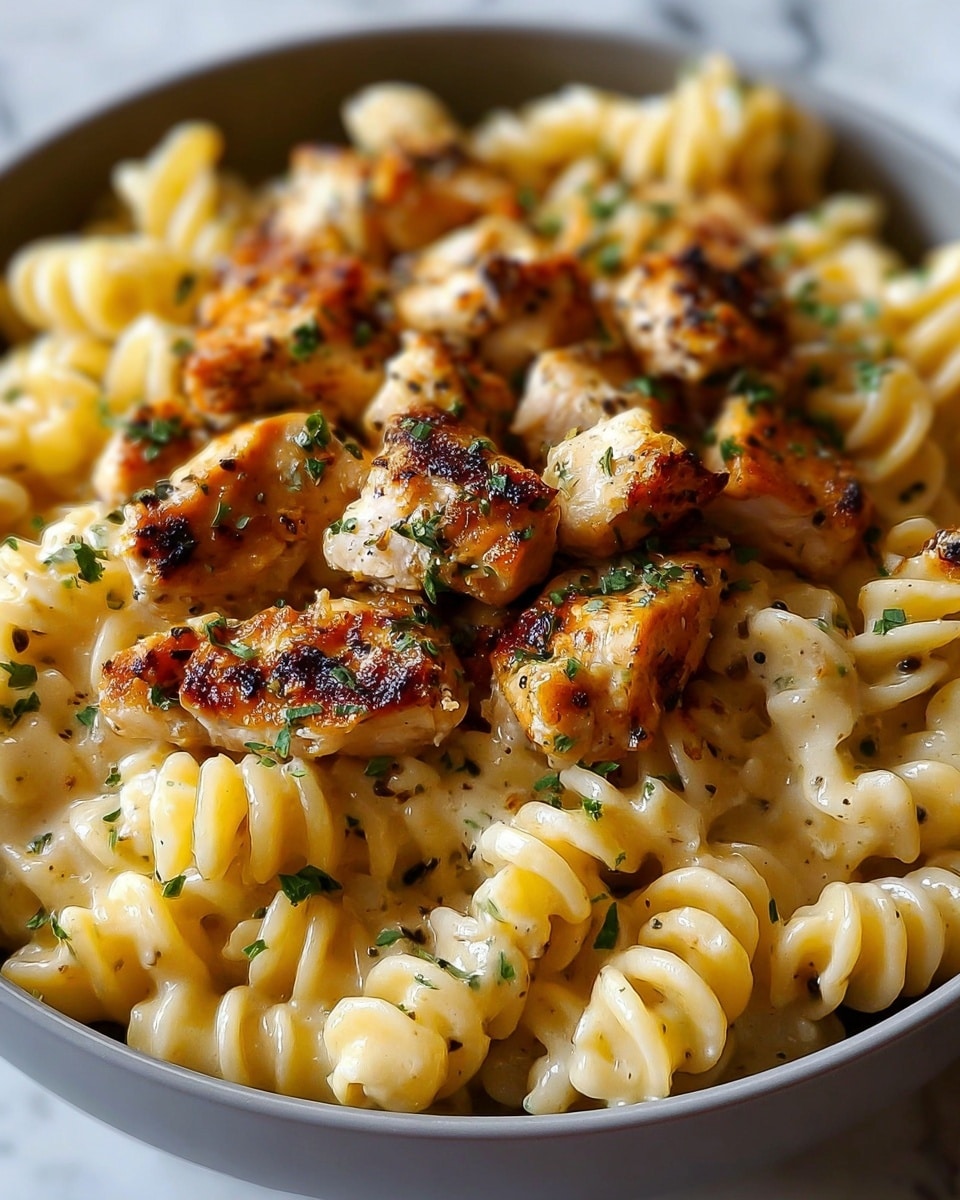 A close-up view of creamy rotini pasta mixed with golden-brown grilled chicken pieces. The pasta is light yellow with a smooth, creamy texture, swirling in a spiral shape, filling the whole white plate. On top and throughout the pasta, there are chunks of chicken with a crispy, slightly charred, golden surface, speckled with black pepper and herbs. There are small green parsley leaves sprinkled evenly over the dish, adding color contrast. The dish is set on a white marbled texture surface. photo taken with an iphone --ar 4:5 --v 7