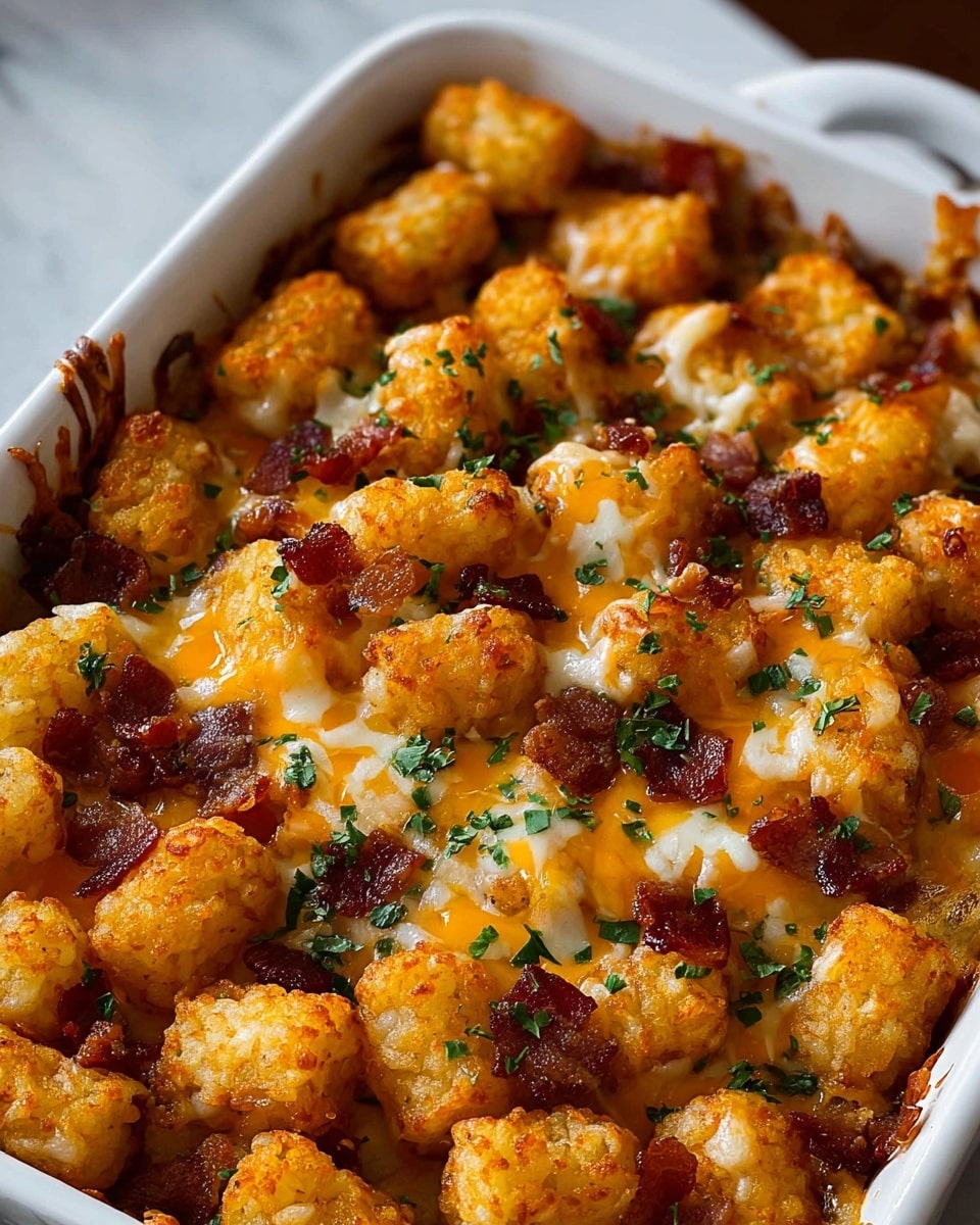 A close-up view of a white rectangular baking dish filled with crispy golden brown tater tots arranged in a thick top layer, showing melted orange and white cheese melting underneath, along with small pieces of browned bacon scattered throughout. The tater tots have a crunchy and slightly browned texture, and are sprinkled with chopped green herbs adding a fresh pop of color. The edges of the dish show some browned cheese crisped to the sides. The dish sits on a white marbled surface. Photo taken with an iphone --ar 4:5 --v 7
