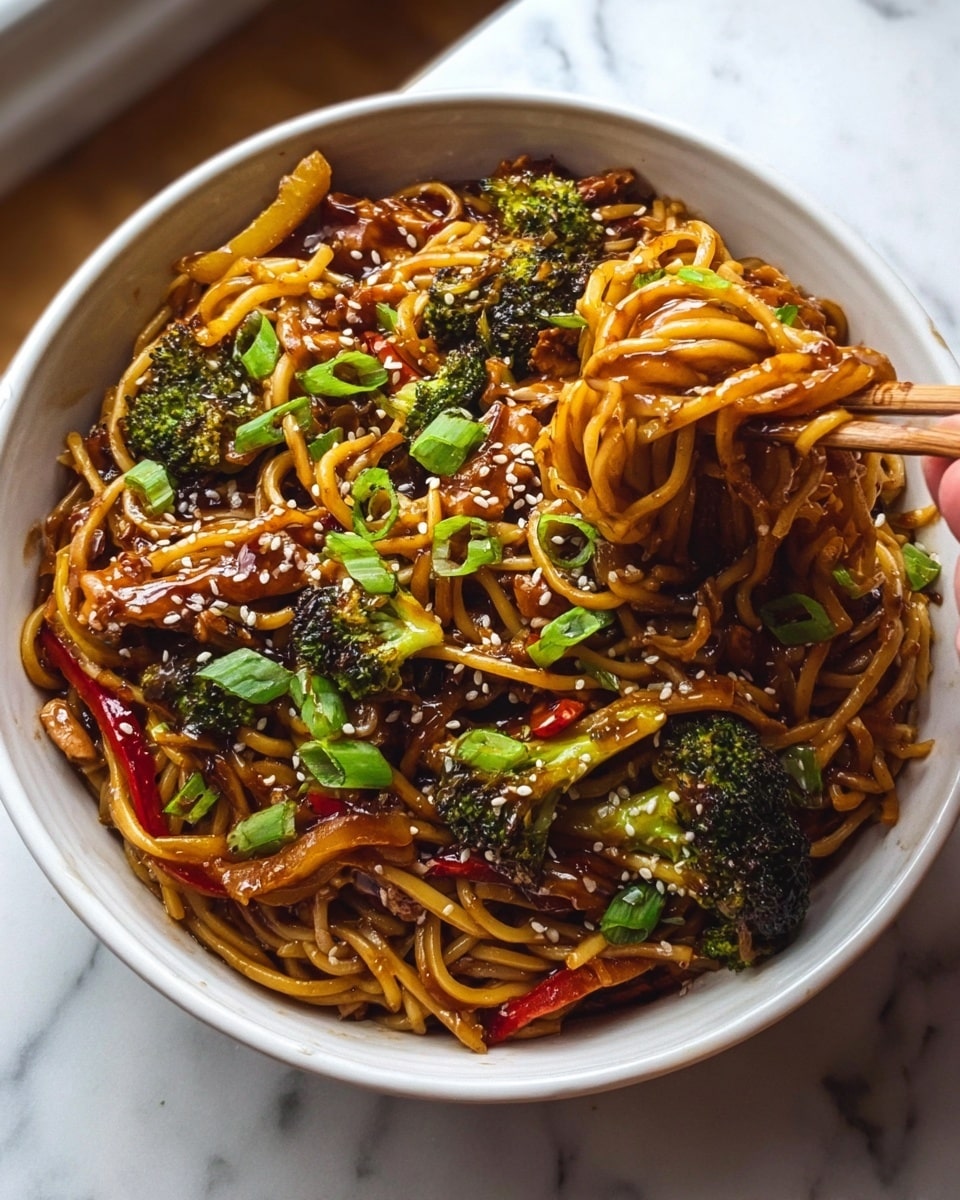 A white bowl filled with glossy yellow noodles coated in a rich dark brown sauce forms the base of this dish. Mixed throughout are bright green broccoli florets and thin strips of cooked chicken with a similar dark glaze. There are also vibrant red and yellow bell pepper slices scattered on top. The dish is garnished with small green onion slices and white sesame seeds. At the right side, a pair of dark chopsticks lift a bundle of noodles, showing their smooth, slightly oily texture. The bowl rests on a beige cloth with a soft white marbled surface in the background. photo taken with an iphone --ar 4:5 --v 7