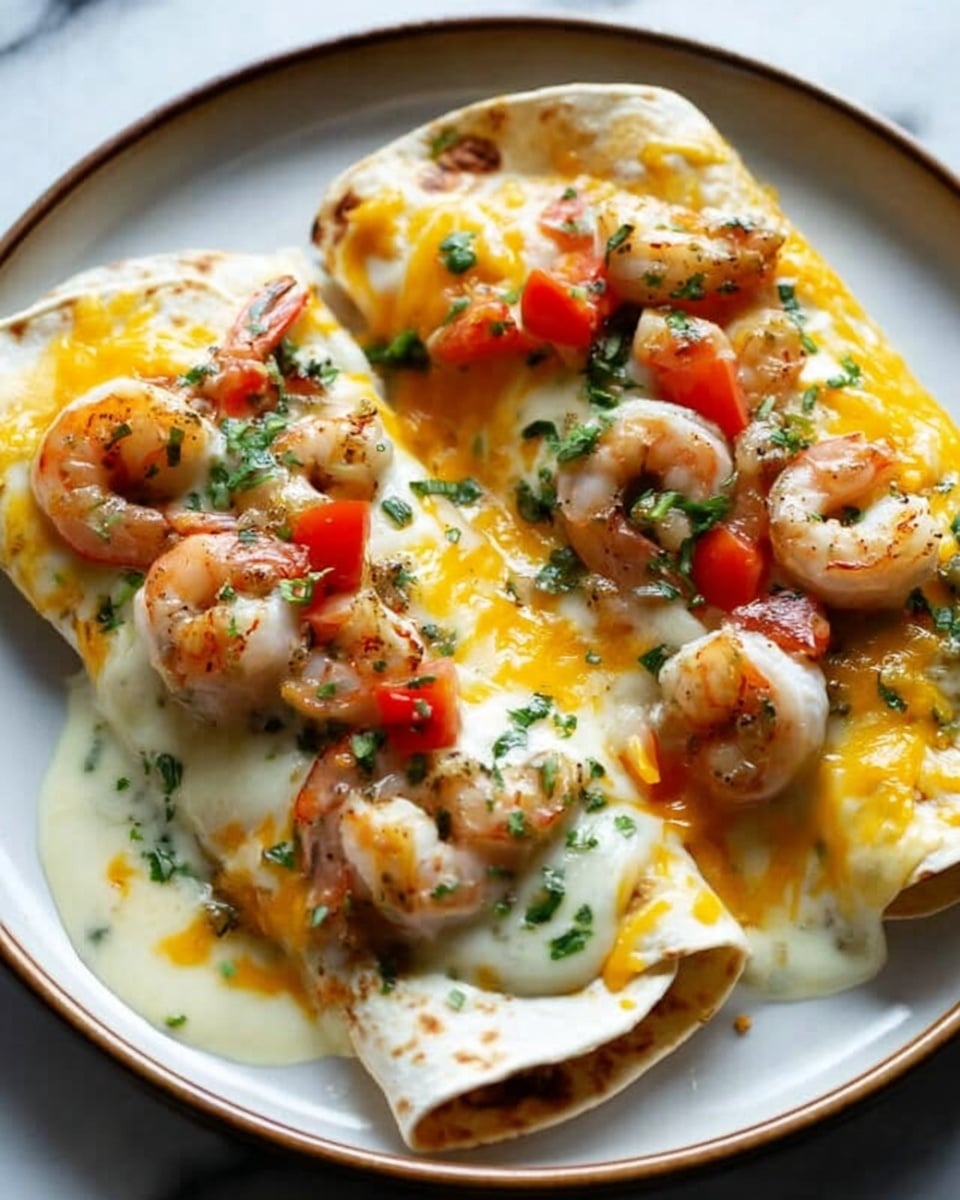 The image shows two rolled enchiladas on a white plate, covered with melted cheese that is both white and golden yellow, giving a creamy and slightly crispy texture. On top of the cheese layer, there are several pink shrimp and small red tomato pieces scattered, adding bright color contrast. Tiny bits of green herbs are sprinkled over the entire dish, adding a fresh touch. The plate rests on a white marbled surface. The photo taken with an iphone --ar 4:5 --v 7