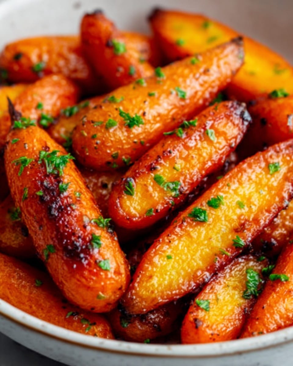 The image shows a close-up of a bowl filled with golden-brown roasted baby carrots that have a slight shine from oil or glaze. The carrots are garnished with small green herb pieces and lightly sprinkled with a fine white powder, possibly parmesan or salt. The texture of the carrots is smooth with some caramelized spots, giving a slightly crispy look on the edges. The bowl is white, and the background surface is a white marbled texture. Photo taken with an iphone --ar 4:5 --v 7