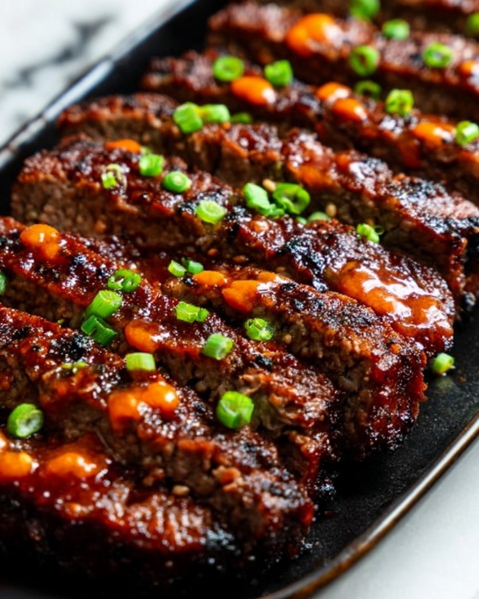The image shows several thick slices of grilled meat, each slice with a dark, slightly charred outer layer and a juicy, reddish-brown inside. The meat is topped with small green onion pieces and drops of orange sauce scattered across the surface, adding color contrast. The slices are arranged closely on a black surface, highlighting the texture of the meat and toppings. Photo taken with an iphone --ar 4:5 --v 7
