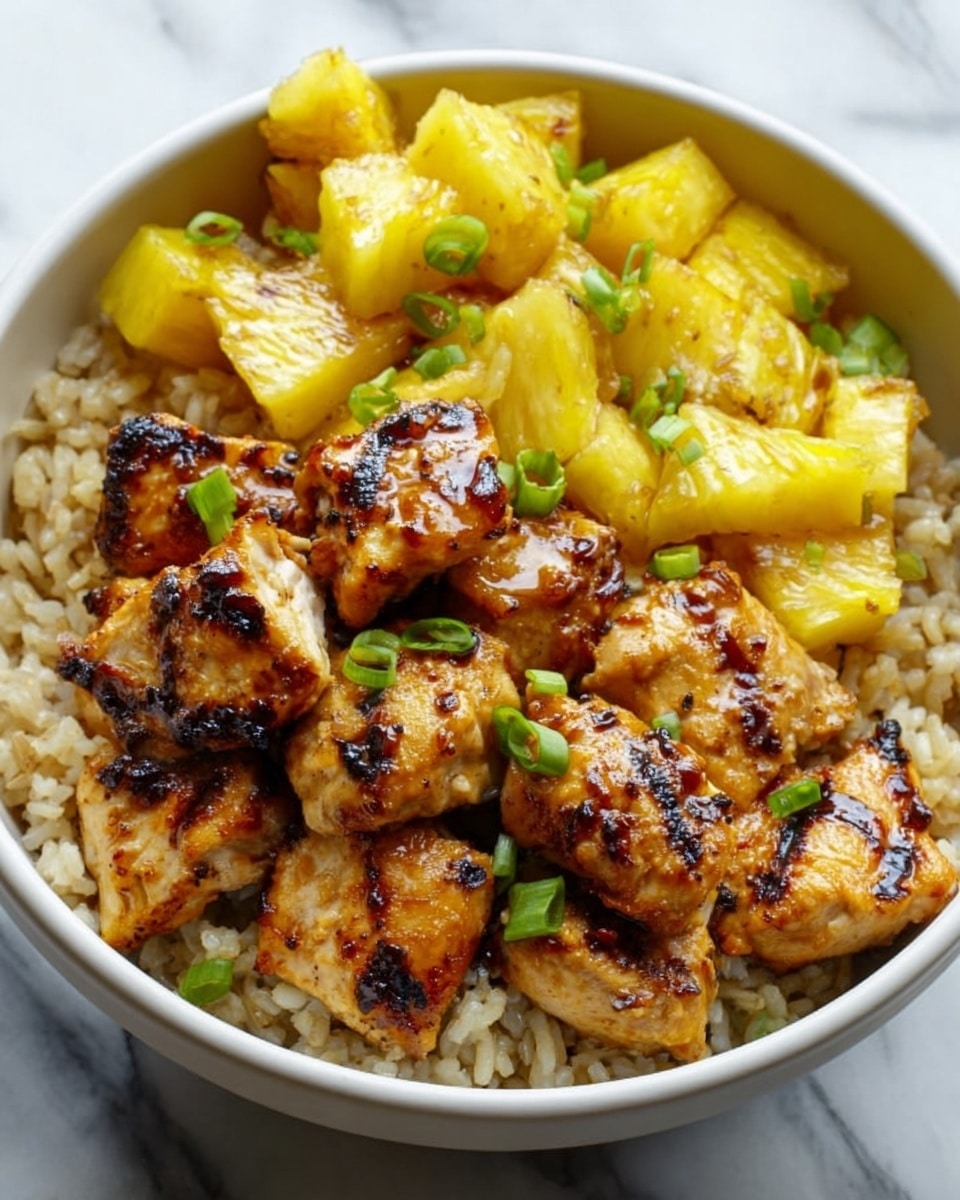 The image shows a white bowl filled with a base layer of light brown fried rice. On top of the rice are chunks of grilled chicken with a golden-brown charred texture, mixed with bright yellow pineapple pieces that add a fresh, juicy contrast. Scattered green onion slices are sprinkled over the chicken and pineapple, adding a pop of green color. The white marbled surface beneath the bowl is clean and simple, making the food colors stand out clearly. Photo taken with an iphone --ar 4:5 --v 7