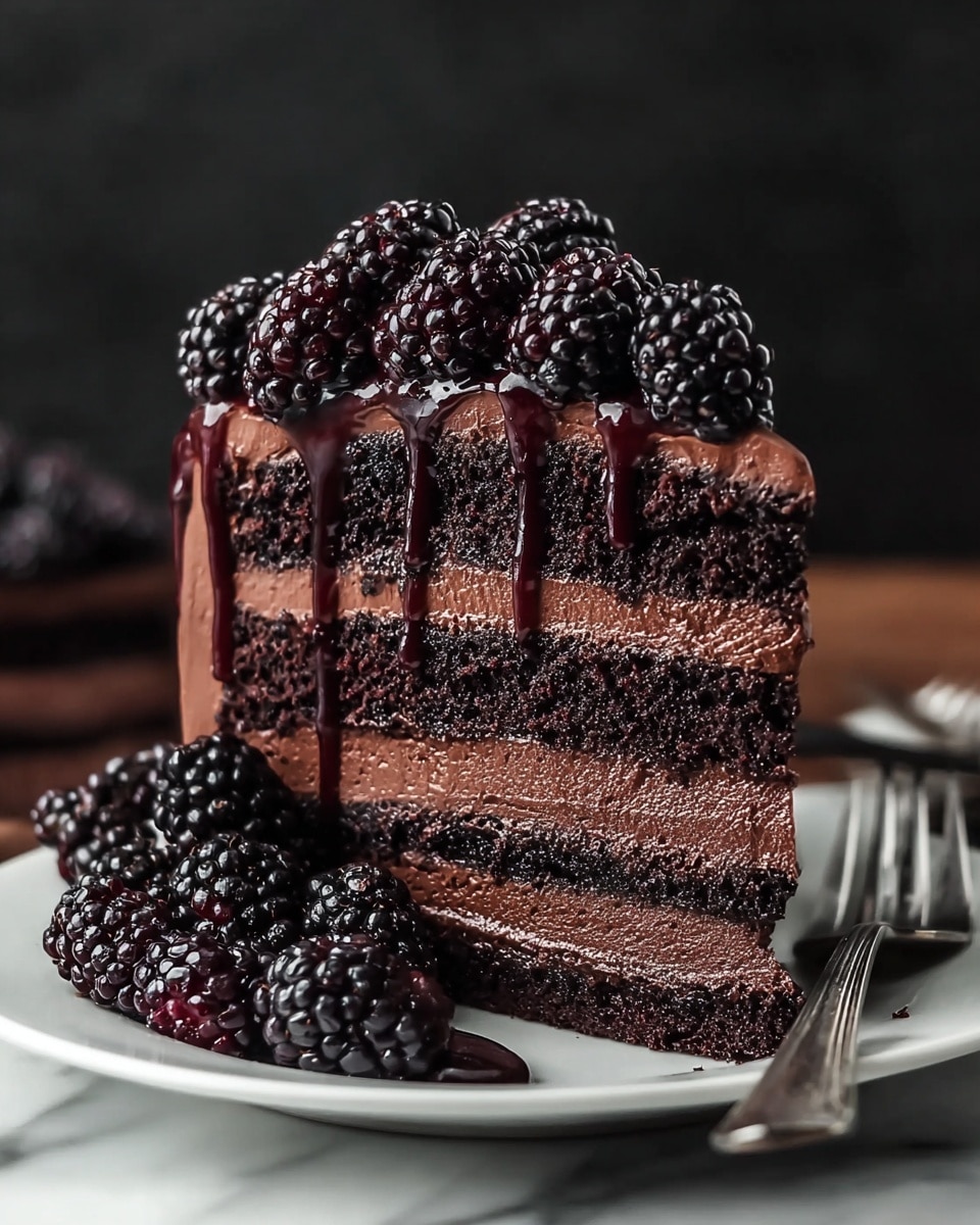 A close-up of a tall slice of chocolate layer cake on a white plate, featuring four thick dark chocolate sponge layers separated by three smooth, rich chocolate frosting layers. The top layer is covered with glossy chocolate frosting and a generous pile of shiny, plump blackberries, with blackberry syrup dripping down the side of the cake. Around the base of the cake on the plate are more fresh blackberries. The cake is set against a dark, blurred background on a white marbled surface. A silver fork rests beside the cake on the plate. photo taken with an iphone --ar 4:5 --v 7