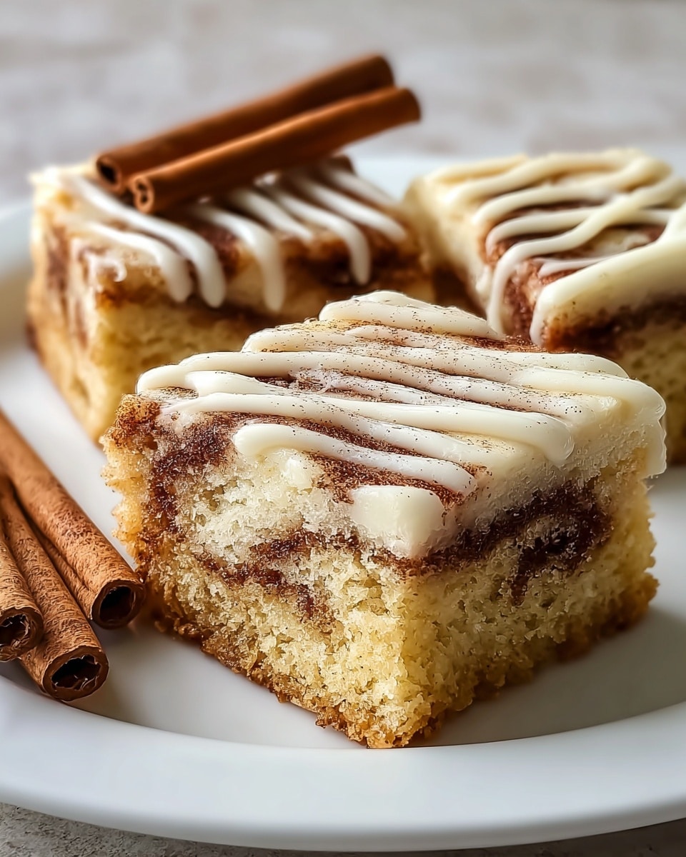 The image shows three square pieces of cinnamon cake on a white plate with a white marbled surface underneath. Each piece has two visible layers: a light brown, moist cake base with swirls of darker cinnamon spread throughout, and a creamy white icing layer drizzled on top in thick lines. The icing has a smooth texture and slightly shines, and a light sprinkle of cinnamon powder is visible on its surface. Two cinnamon sticks lie behind the cakes on the plate. photo taken with an iphone --ar 4:5 --v 7