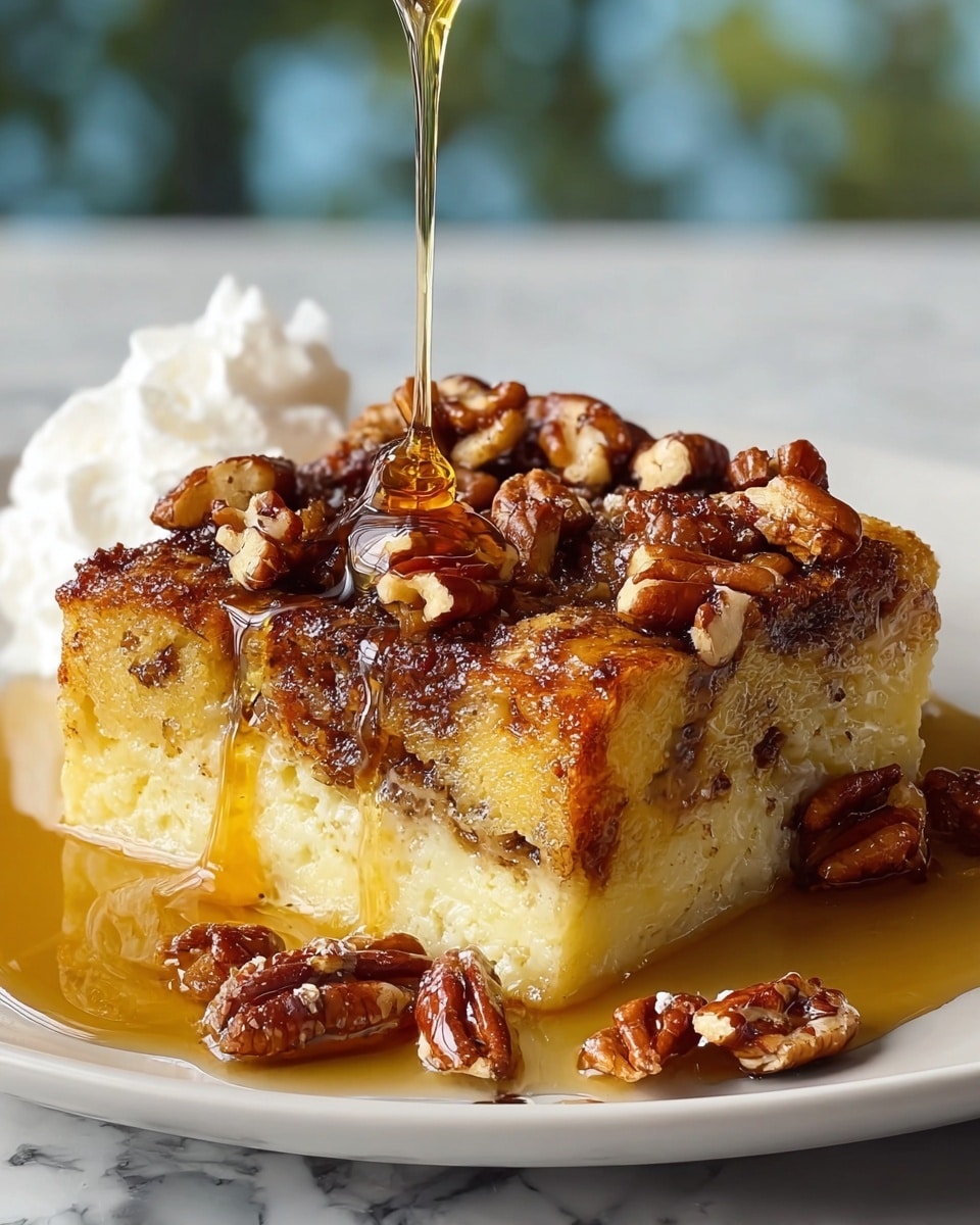 A thick square piece of bread pudding on a white plate sits on a white marbled surface. The bread pudding has three visible layers: the bottom layer is pale yellow and soft, the middle layer is slightly darker with bits of nuts baked inside, and the top layer is golden brown with a rough texture. The top is covered with a shiny coat of syrup that is being drizzled down from above, creating a glossy effect. Large pieces of roasted pecans are scattered thickly on the top and some fall onto the plate, soaking in the syrup. In the background, there is a dollop of white whipped cream. photo taken with an iphone --ar 4:5 --v 7