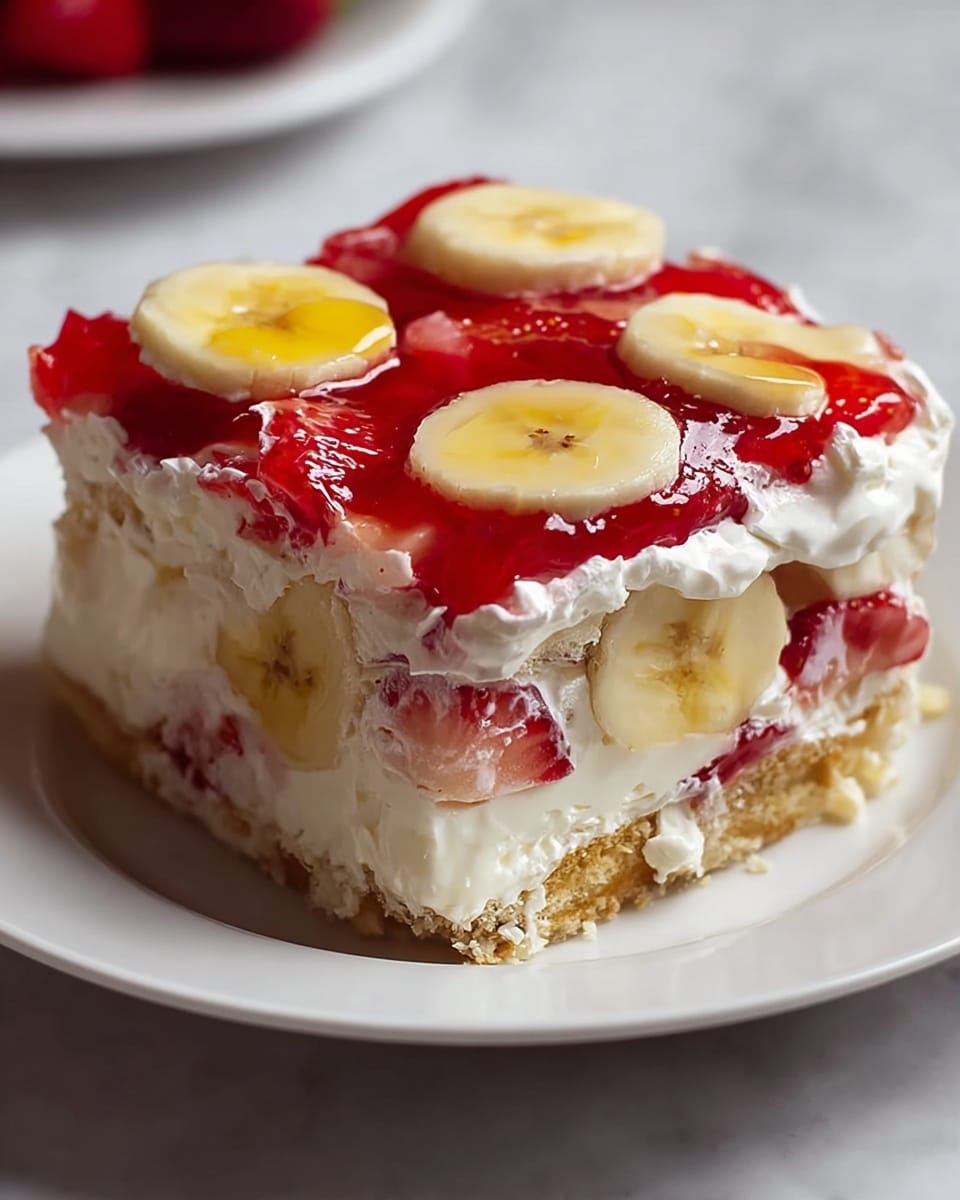 A square slice of layered dessert sits on a white plate on a white marbled surface. The bottom layer is a crumbly golden crust, topped by a thick layer of smooth white cream mixed with banana slices and red strawberry pieces. Above this is another layer of fluffy white cream, also filled with banana slices and strawberry bits. The top layer is a glossy red strawberry topping, decorated with banana slices spread evenly across the surface. The dessert has a soft and creamy texture with bright red and yellow fruit colors contrasting with the white cream. Photo taken with an iphone --ar 4:5 --v 7