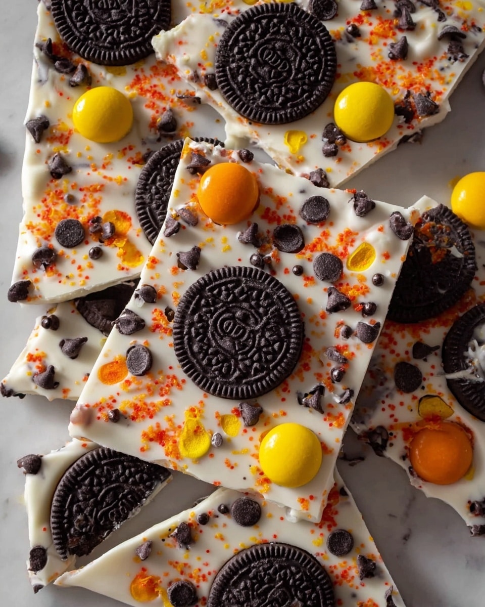The image shows a broken white chocolate bark with three distinct layers: a smooth, creamy white chocolate base, topped with whole and halved dark chocolate sandwich cookies, bright yellow candy-coated chocolates, and scattered dark chocolate chips. Small orange sugar crystals and tiny black sprinkles are spread evenly across the surface, adding bright color and texture contrast to the white chocolate. The chocolate bark pieces lie on a white marbled surface, enhancing the clean and vibrant look of the dessert. Photo taken with an iphone --ar 4:5 --v 7