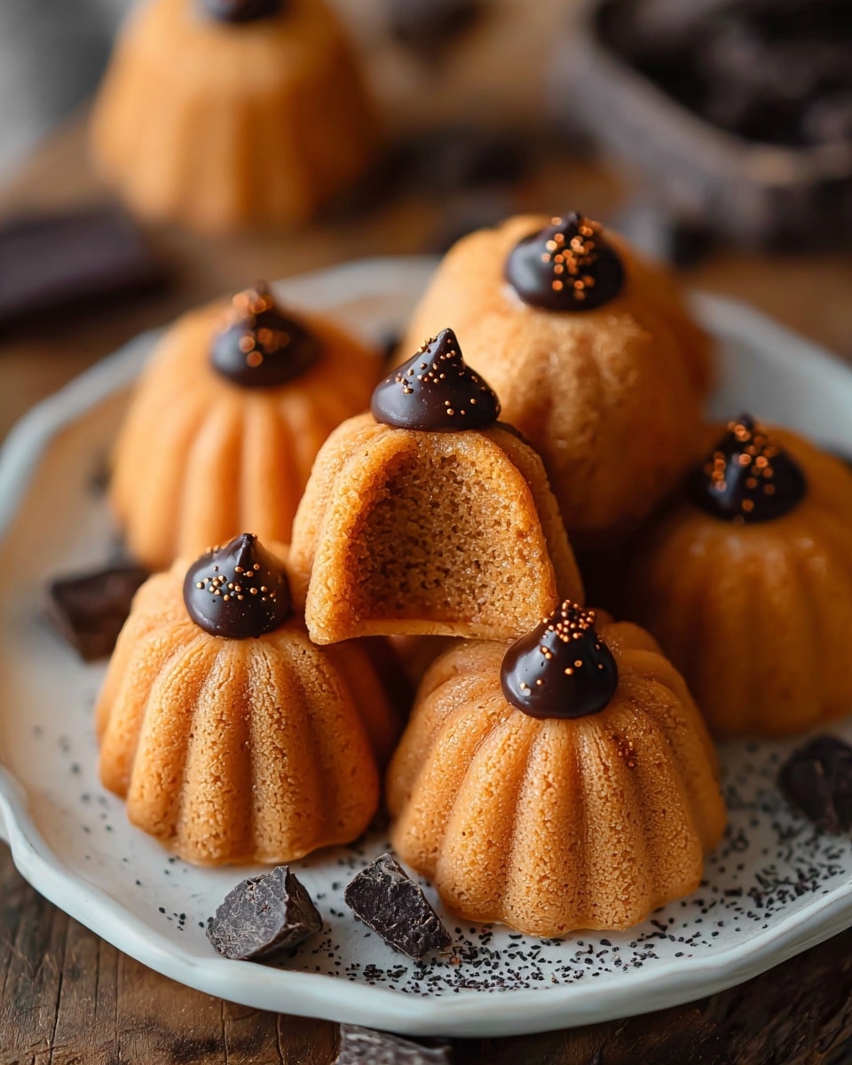 A white plate holds nine small pumpkin-shaped desserts with a smooth, orange outer layer that looks soft and slightly creamy. Each dessert is topped with a small, round dark chocolate piece and sprinkled with a fine dust of black cocoa powder that adds texture and contrast. One dessert in the front center is cut in half, showing the soft inside with the same orange color. The plate is set on a wooden surface with some dark chocolate pieces scattered around, and the scene has a warm, cozy feel. photo taken with an iphone --ar 4:5 --v 7
