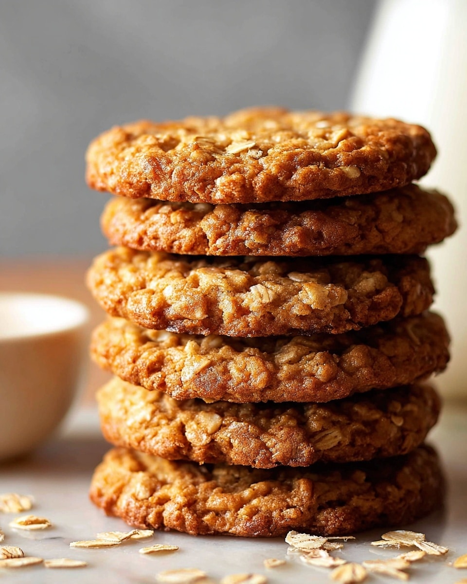 A close-up view of five stacked oatmeal cookies, each cookie showing a rough texture with visible oats embedded throughout, golden brown in color with a slightly crispy edge. The bottom cookie rests directly on a white marbled surface scattered with loose oats, while a blurred glass of milk and a small white bowl appear softly in the background. The cookies are thick and dense, with a chewy, slightly rough surface. photo taken with an iphone --ar 4:5 --v 7
