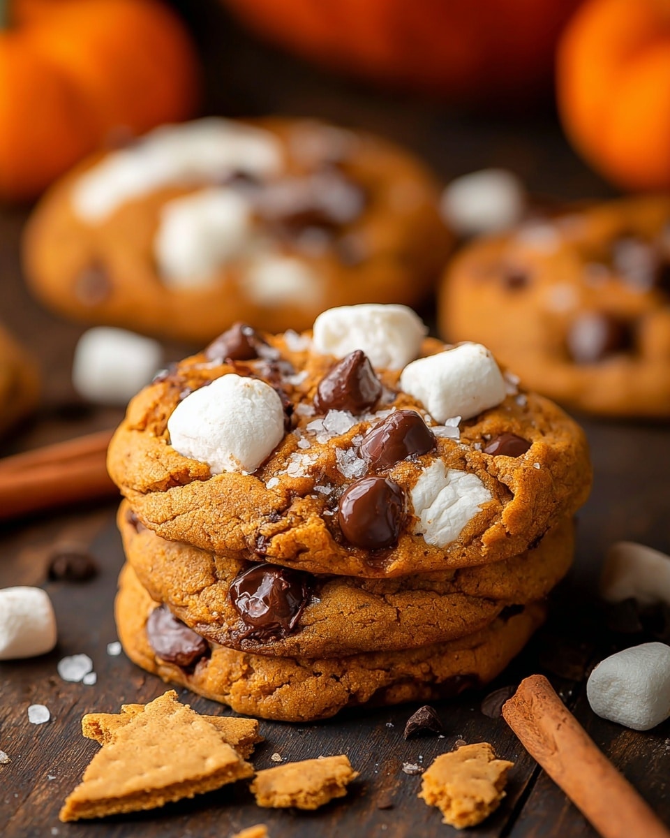 The image shows thick, soft cookies with a warm orange-brown color, studded with large dark chocolate chips and topped with fluffy white marshmallows. The cookies have an uneven, crinkly texture with some slightly cracked surfaces. Scattered flakes of sea salt add small white highlights on top, contrasting with the rich colors of the cookies. The cookies rest on a dark wooden surface with a few broken graham cracker pieces and a cinnamon stick visible nearby. In the background, there are blurred orange pumpkins adding a cozy autumn feel. photo taken with an iphone --ar 4:5 --v 7