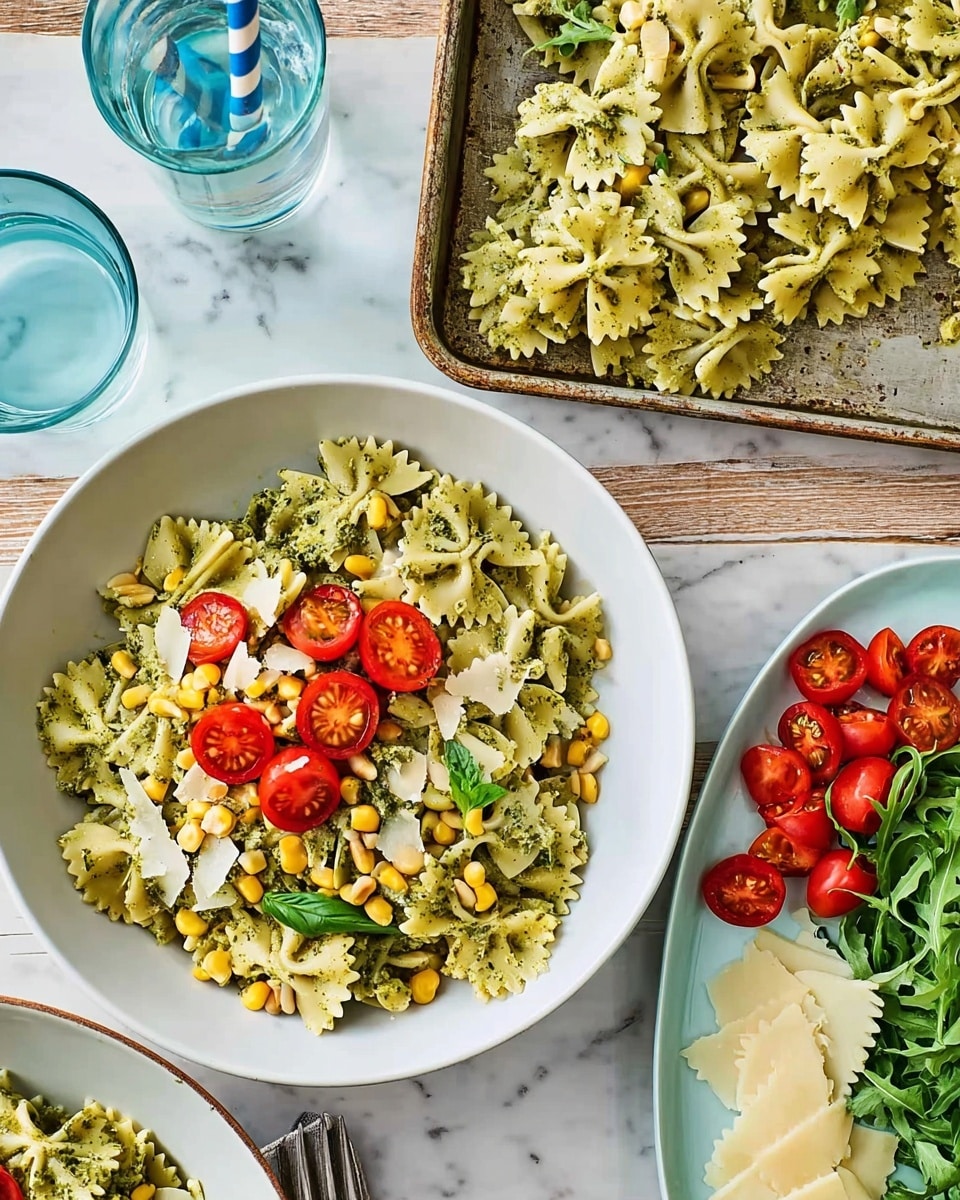The image shows a white plate filled with three layers: the bottom layer is green pesto-coated bowtie pasta, the middle layer has yellow corn kernels spread evenly, and the top layer includes red cherry tomato halves and light beige pine nuts scattered on top. Nearby, an old gray metal tray holds more pesto pasta with two white serving spoons resting on it. To the right, a white plate holds a few slices of white cheese, some green arugula leaves, and halved cherry tomatoes arranged separately. A clear glass with a blue and white striped straw sits at the top left on a white marbled textured surface. photo taken with an iphone --ar 4:5 --v 7