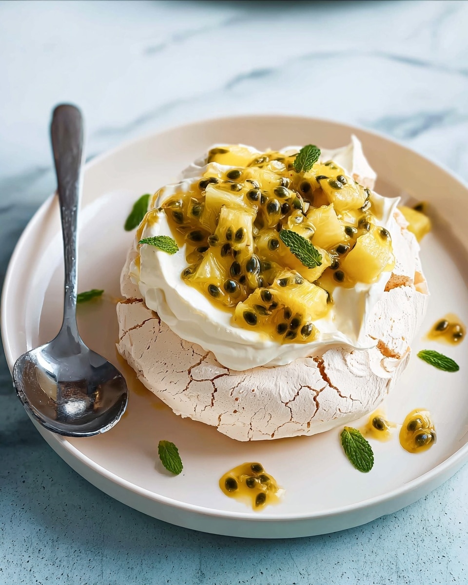 A single round pavlova dessert sits in the center of a white plate, starting with a thick, rough-textured base layer of light beige meringue that has cracks and tiny peaks around its edges. On top of the meringue, there is a smooth, creamy layer of white whipped cream that fills the middle. The top layer consists of a small pile of bright yellow pineapple chunks mixed with passion fruit pulp dotted with black seeds, creating a glossy and juicy look. Thin strips of green mint leaves are sprinkled over the fruit for color contrast. A silver spoon rests on the left side of the plate. The surface beneath is a white marbled texture. Photo taken with an iphone --ar 4:5 --v 7