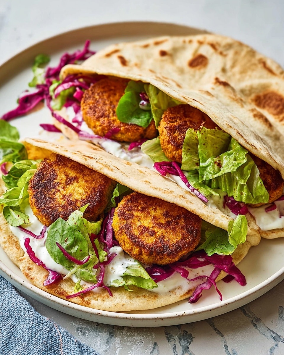 Two soft flatbreads lie on a white plate with light brown spots on them from cooking. One flatbread is open, showing its layers: a base layer of white creamy sauce, bright purple shredded cabbage, fresh green leafy salad, and three round golden-brown patties with a crispy texture placed on top. The second flatbread is folded in half, revealing similar layers of purple cabbage, green leaves, and golden patties peeking out. The plate sits on a white marbled surface with a soft natural light shining on the food. Photo taken with an iphone --ar 4:5 --v 7
