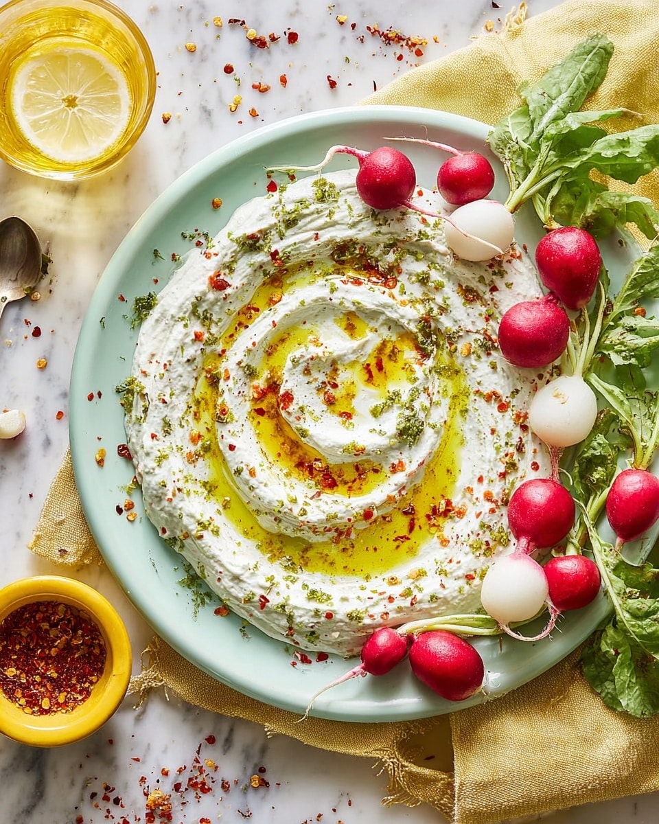 A white plate on a white marbled surface holds a swirl of creamy white yogurt mixed with herbs, drizzled generously with golden olive oil. The yogurt is sprinkled with a mix of crushed red pepper and herbs, adding specks of red and green across the dish. Around the edges of the yogurt, fresh radishes in red, purple, and white colors, with green leafy tops, are arranged to one side. A yellow cloth is used as an accent beneath the plate, and a glass of lemon water is partly visible on the right side. Photo taken with an iphone --ar 4:5 --v 7
