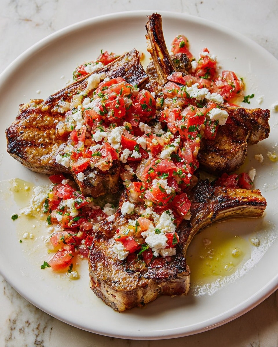 The dish shows five grilled lamb chops stacked and spread slightly on a white plate, each chop having a browned and slightly charred texture with visible grill marks and curved bones. On top and around the chops, there is a topping made of small, bright red diced tomatoes mixed with crumbly white cheese and tiny green herb pieces, creating a colorful contrast. Some oil drops can be seen around the food, adding shine. The plate is set on a white marbled textured surface. Photo taken with an iphone --ar 4:5 --v 7