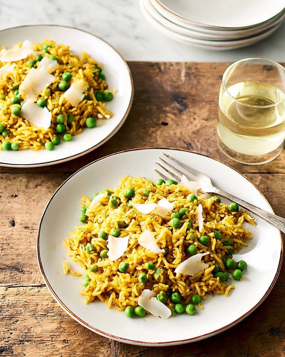 Two white plates with a blue rim hold a golden-yellow rice dish mixed with bright green peas, creating a colorful contrast. The rice layer is light and fluffy, speckled with spices, and is topped unevenly with thin white slices of a soft cheese or butter. One plate is placed closer to the front with a silver fork resting on its right side, while the other plate sits slightly behind with a spoon inside. The setup is on a rough wooden table, and in the background, there is a clear glass with a light yellow drink. The surface under everything is a white marbled texture. photo taken with an iphone --ar 4:5 --v 7