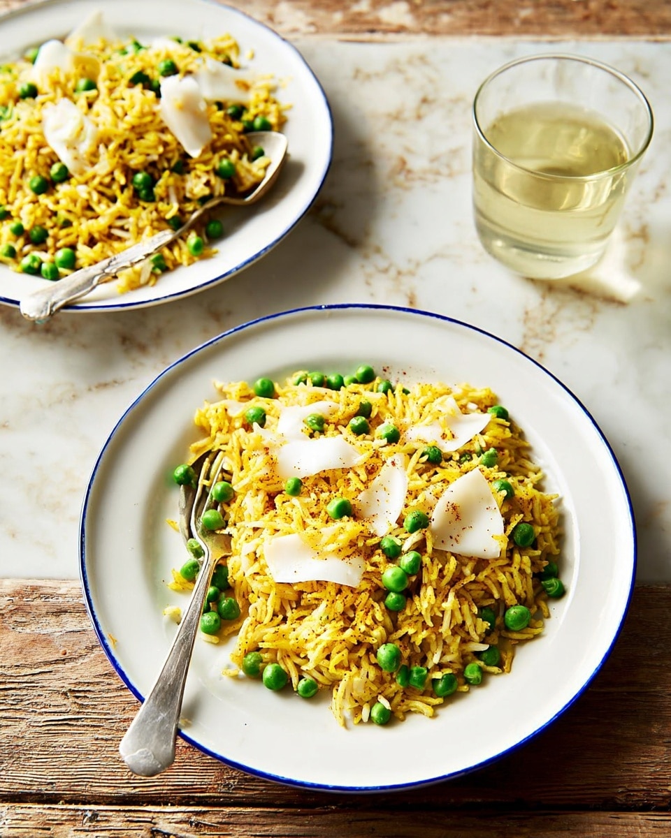 Two white plates with thin dark rims hold a serving of yellowish spiced rice mixed with bright green peas. Scattered on top are thin white shavings, likely cheese, adding a smooth texture contrast to the rice. Each plate has a fork resting on the edge, placed on a rough wooden table. In the background, there is a glass with light yellow liquid and stacked white bowls on a white marbled surface. The scene is bright and simple, showing the food as the main focus. photo taken with an iphone --ar 4:5 --v 7