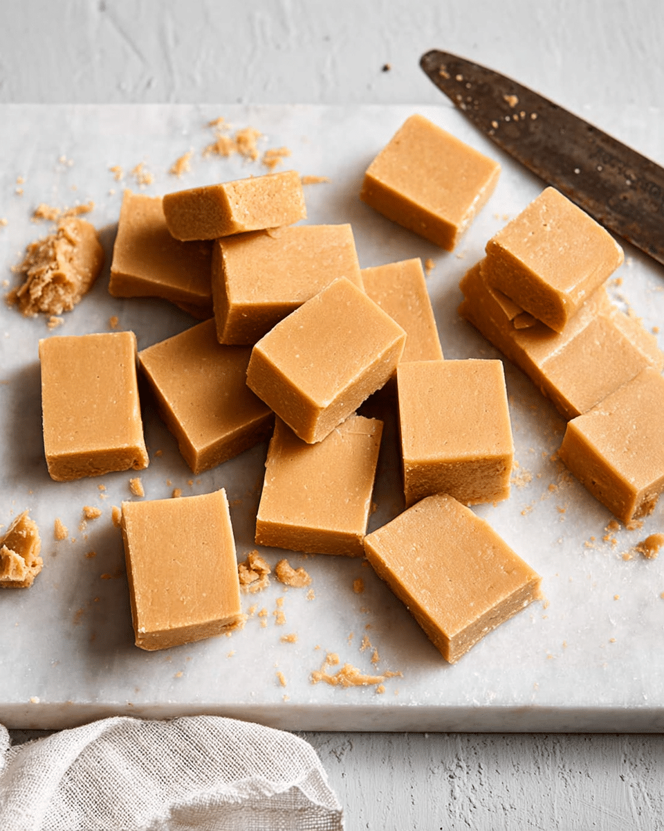 Small square pieces of light brown fudge are scattered and stacked on a white board. The fudge has a smooth, slightly crumbly texture, with clean cut edges and soft shadows between the pieces. To the right of the fudge is an old metal knife with a dark handle, resting on the board. A white cloth is partially visible on the left side of the board. The background is a white marbled texture. photo taken with an iphone --ar 4:5 --v 7