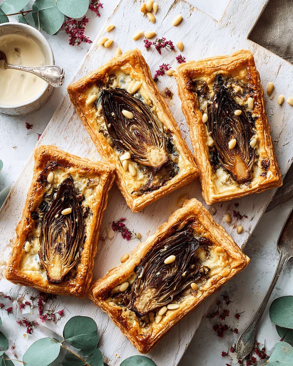 Four rectangular puff pastry tarts are placed on a wooden board over a white marbled surface. Each tart has a golden-brown flaky crust with a thick base layer of creamy white cheese. On top of the cheese layer is a roasted endive, dark golden with slightly charred edges, placed in the center of each tart. Small toasted pine nuts are scattered across the surface of the cheese and endive, adding texture and light brown spots. The wooden board has a natural light color with some pastry flakes around the tarts. Nearby, there are green leaves and red berries adding a fresh, natural touch to the scene. photo taken with an iphone --ar 4:5 --v 7