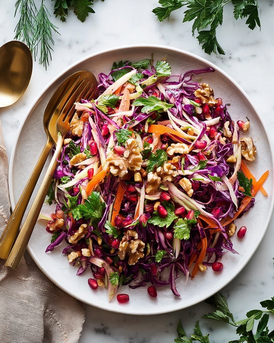 A white plate is filled with a colorful salad made of three main layers: thin purple cabbage strips on the bottom, topped with a mix of orange carrot sticks and pale white fennel slices, and scattered whole walnut pieces, bright green parsley leaves, pomegranate seeds, and small green onion rings all mixed evenly across the top. Two gold forks rest on the top edge of the plate, and the whole setting is on a white marbled surface with green leaves and branches visible in the corner. photo taken with an iphone --ar 4:5 --v 7