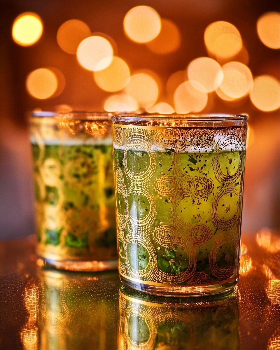 Two short glasses filled with a green drink that has small pieces of herbs or leafy bits inside. Each glass is decorated with a gold pattern of connected circles and ovals all over the outside, with a gold rim at the top. The drink has a frothy layer at the top. The glasses are placed on a shiny surface that reflects the lights around, with warm, soft bokeh light spots in the background. photo taken with an iphone --ar 4:5 --v 7