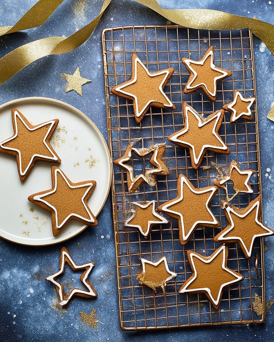 The image shows a collection of star-shaped gingerbread cookies, some solid and some hollow in the middle, decorated with simple white icing along the edges. There is a golden cooling rack holding most of the cookies, placed on a white marbled surface. On the left side, three solid star cookies of different sizes rest on a white plate with a pale yellow tint. The background is softly scattered with flour and star-shaped paper cutouts, adding a festive holiday feel. photo taken with an iphone --ar 4:5 --v 7