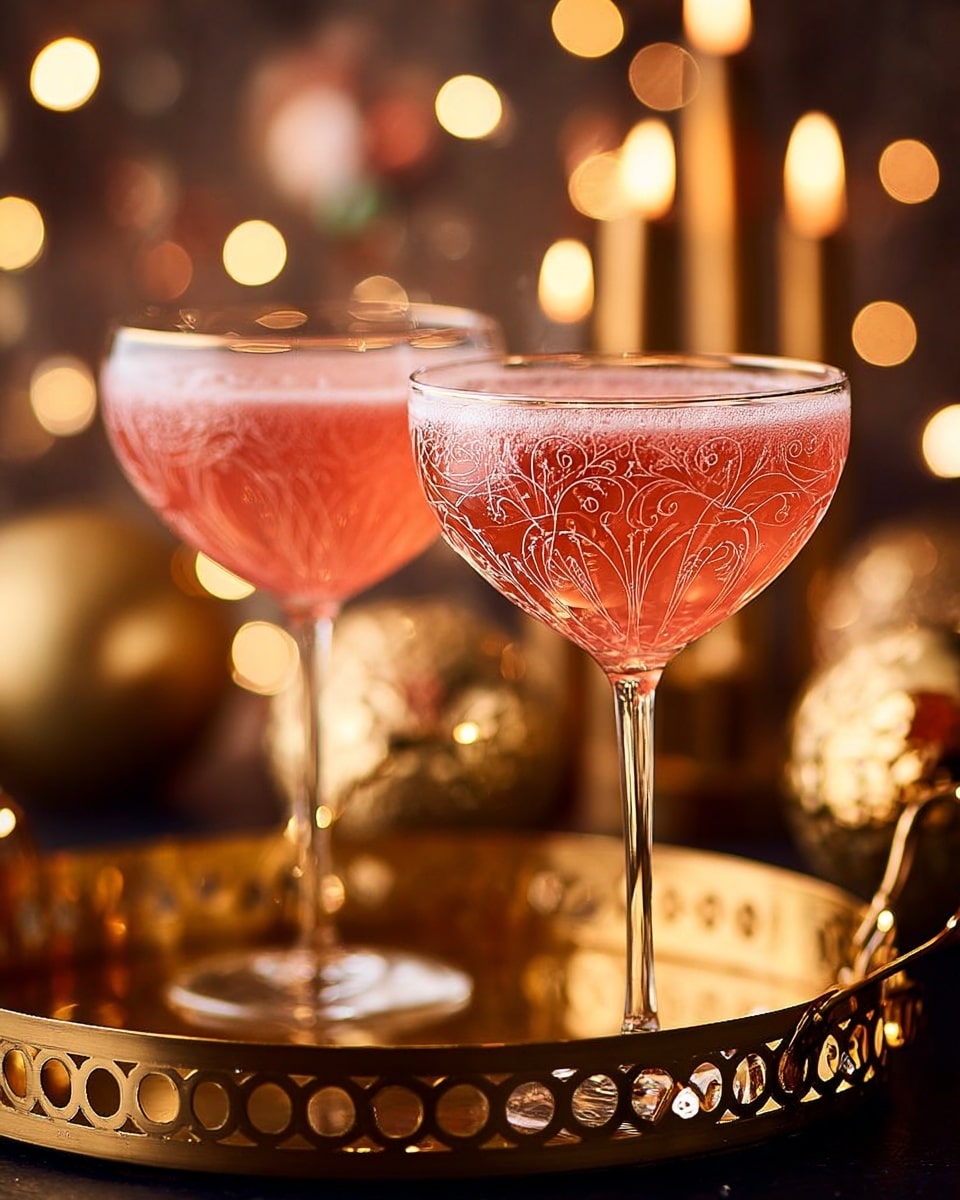 Two clear, tall stemmed glasses filled with a bright pink, bubbly drink rest on a shiny gold tray with intricate circle patterns around its edge. The liquid has a light foam on top with tiny bubbles. In the background, soft and blurry warm white lights add a festive feel. The surface beneath and around the tray is a white marbled texture. Photo taken with an iphone --ar 4:5 --v 7