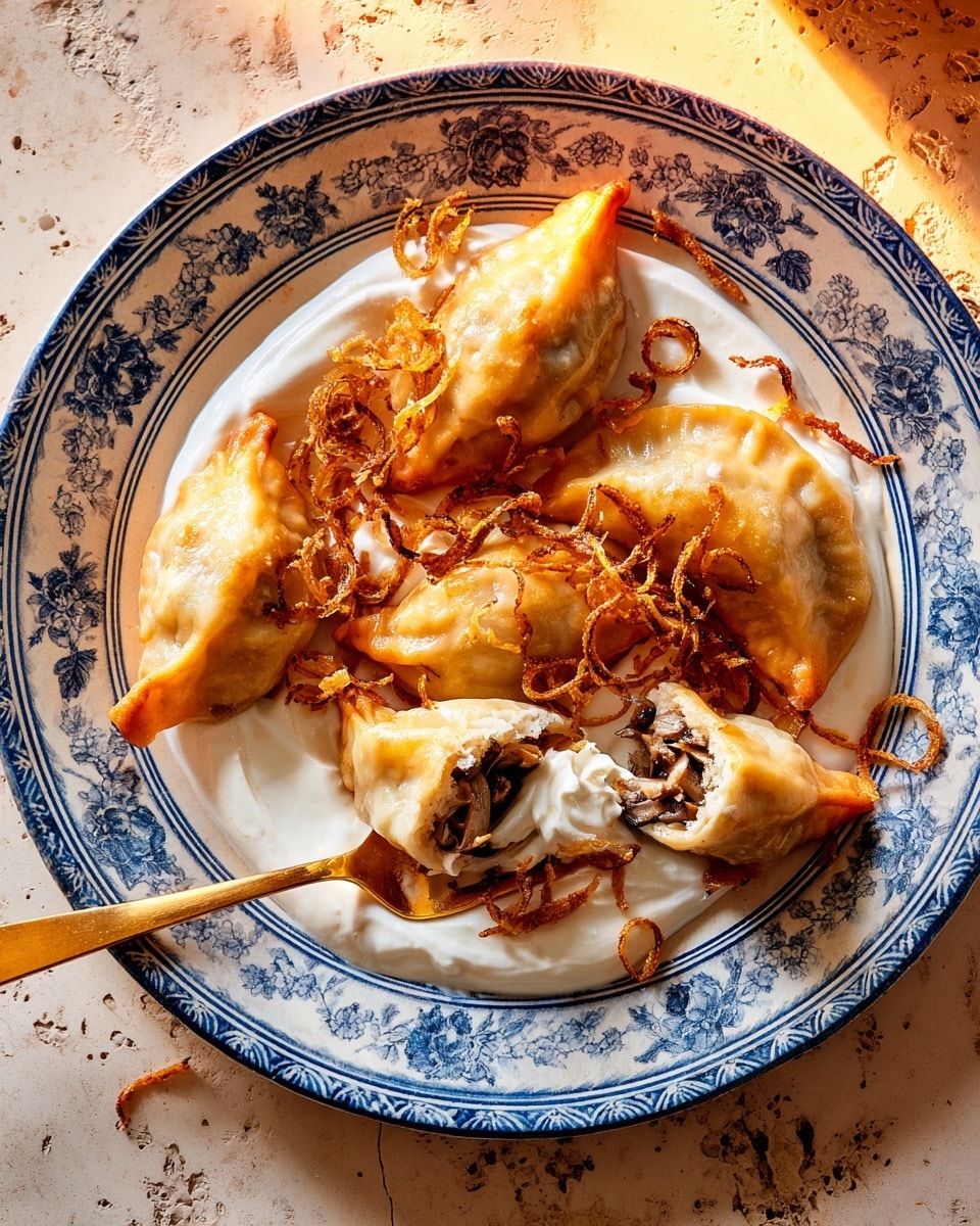 A white plate with blue floral patterns holds five golden-brown pierogi arranged in a loose circular pattern. Underneath and around the pierogi is a thick layer of creamy white sour cream. Crispy, thin brown fried onion rings are scattered over the pierogi and sour cream. One pierogi is cut open, revealing a dark brown filling inside, and a gold fork is holding this piece above the plate. The plate is placed on a white marbled surface. Photo taken with an iphone --ar 4:5 --v 7