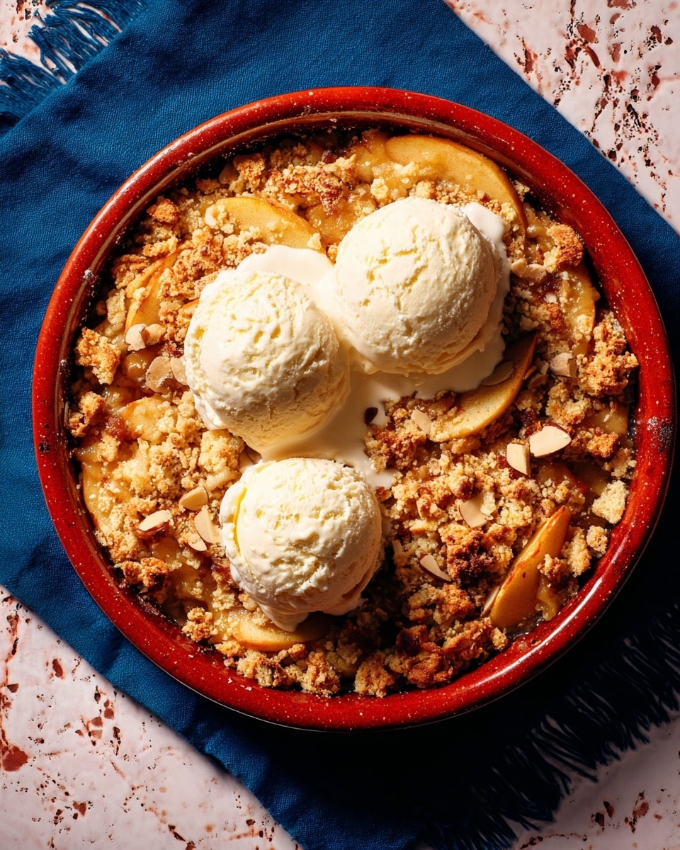 A round brown ceramic dish filled with a golden-brown apple crumble that has visible chunks of baked apple slices and a crumbly, crunchy topping scattered evenly across the surface. On top of the crumble, there are three scoops of creamy, off-white vanilla ice cream slightly melting and blending with the warm crumble beneath. The dish is placed on a deep blue cloth with a textured, soft fabric feel and lies on a white marbled surface. Photo taken with an iphone --ar 4:5 --v 7