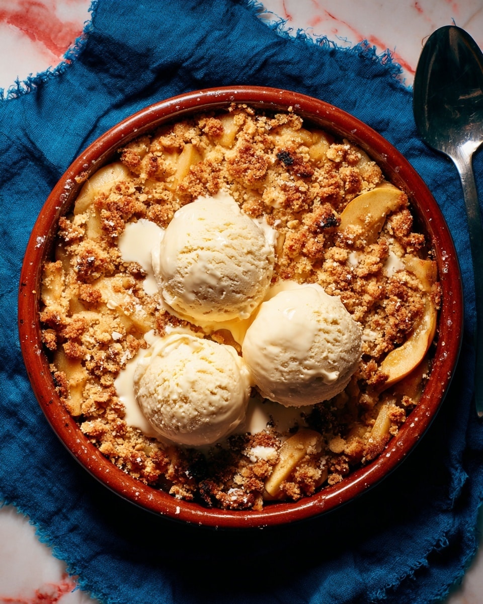 The image shows a round red ceramic dish filled with a golden brown apple crumble that has a crumbly, crunchy texture with visible chunks and slices of soft baked apples. On top of the crumble are three smooth, round scoops of creamy vanilla ice cream, beginning to melt slightly around the edges. The dish is placed on a deep blue cloth with a textured edge, all set against a white marbled textured surface. Photo taken with an iphone --ar 4:5 --v 7