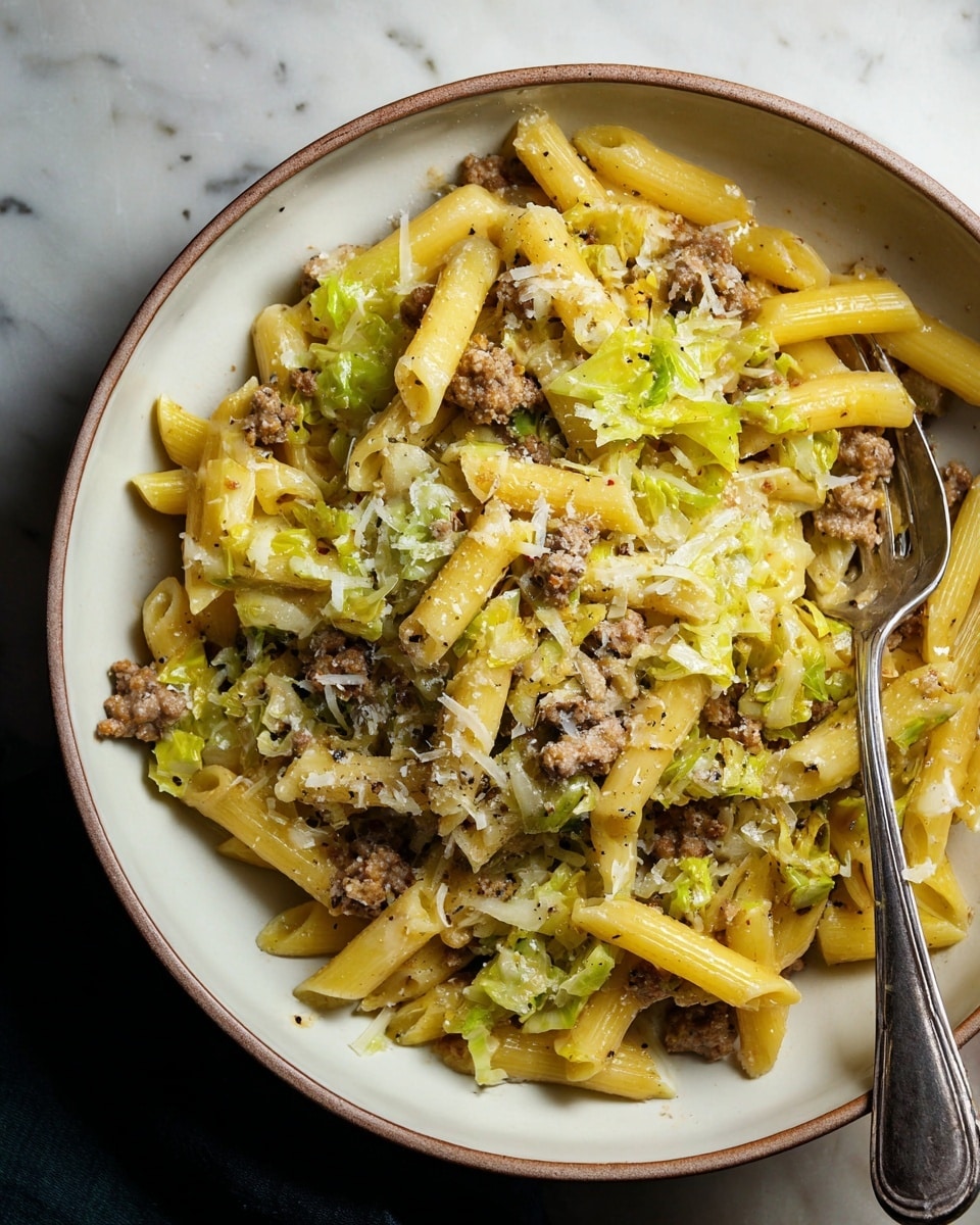 The dish is a bowl of penne pasta with three main visible layers. The base layer consists of yellow penne pasta, mixed evenly with green cabbage pieces that add a soft texture and slight crunch. Scattered throughout are small chunks of browned ground meat that provide a hearty, crumbly texture. The top layer is sprinkled with finely grated pale yellow cheese that melts slightly on contact, adding a delicate texture and flavor. The pasta is served in a white bowl with a silver fork resting partly inside the pasta on the right side, all placed on a white marbled surface. photo taken with an iphone --ar 4:5 --v 7