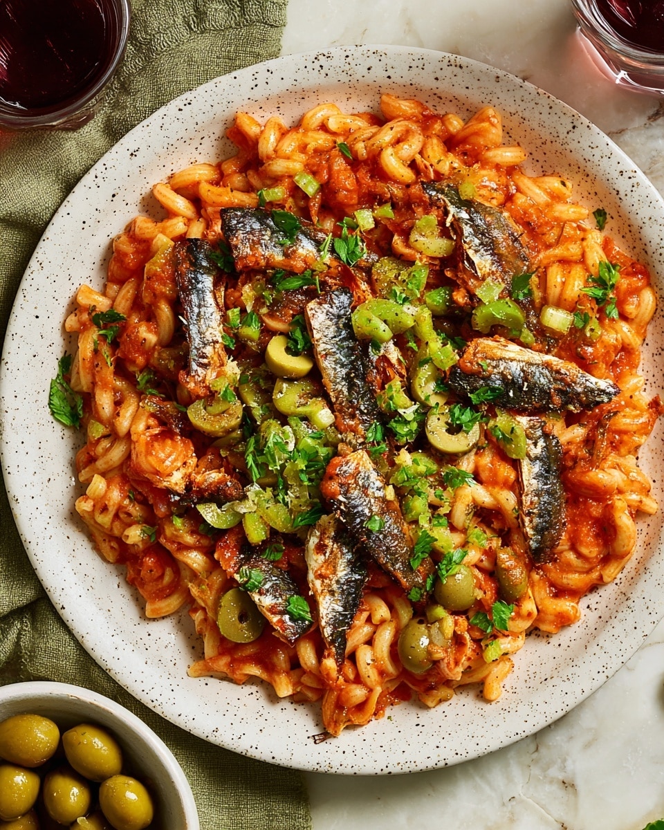 A white, speckled round plate filled with small, rice-shaped pasta coated in a bright red tomato sauce, scattered with pieces of grilled sardines showing slightly charred, shiny silver and brown skin. On top of the pasta, roughly chopped green olives and fresh green parsley leaves are spread evenly, with cracked black pepper sprinkled over. The dish rests on a white marbled surface, with a hint of a small white bowl containing more olives in the lower left corner and a glass of dark liquid with a greenish-brown cloth nearby. Photo taken with an iphone --ar 4:5 --v 7