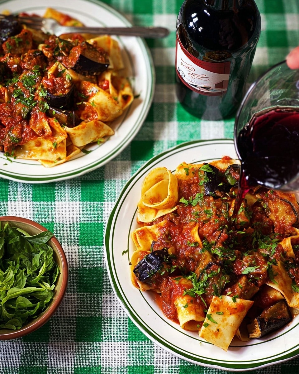 Two white plates with green checkered rims hold thick, wide pasta ribbons covered in a chunky red tomato sauce. On top, there are several pieces of purple eggplant and a sprinkle of fresh green parsley leaves. Above the plates, a glass is being filled with dark red wine from a bottle with a red label. To the right of the glass, a small beige bowl contains more fresh green parsley leaves. All items are arranged on a green and white checkered tablecloth with a few parsley pieces scattered around. photo taken with an iphone --ar 4:5 --v 7