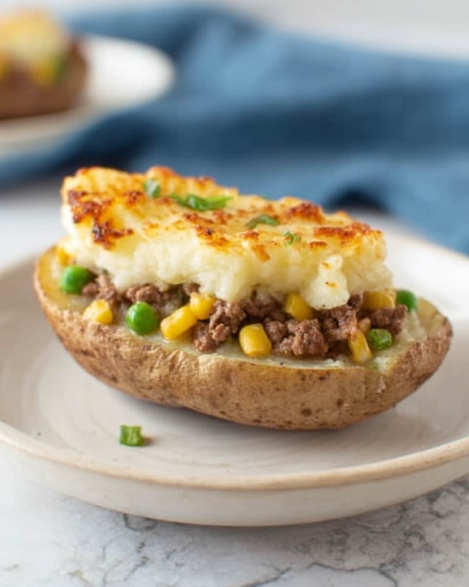 A baked potato is cut in half and placed on a white plate. The potato skin is light brown and the inside is filled with cooked ground beef mixed with small pieces of yellow corn and green peas. On top, there are two thick layers of melted cheese that is golden brown and bubbly. The plate sits on a white marbled surface. photo taken with an iphone --ar 4:5 --v 7